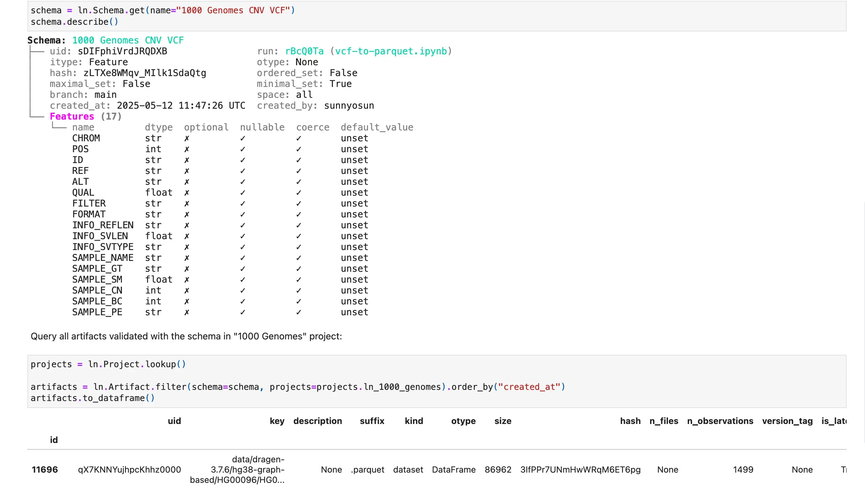Python code showing how to access artifacts and collections in LaminDB